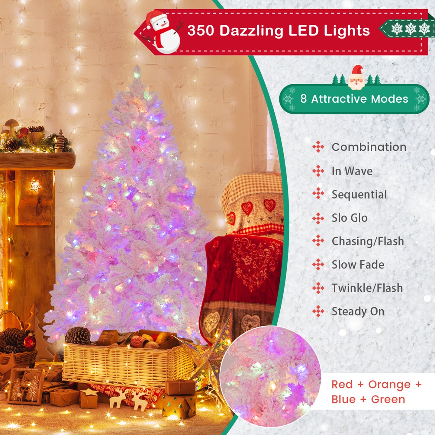 Costway 6 FT Flocked Artificial Christmas Tree Hinged with 350 LED Lights 808 Branch Tips