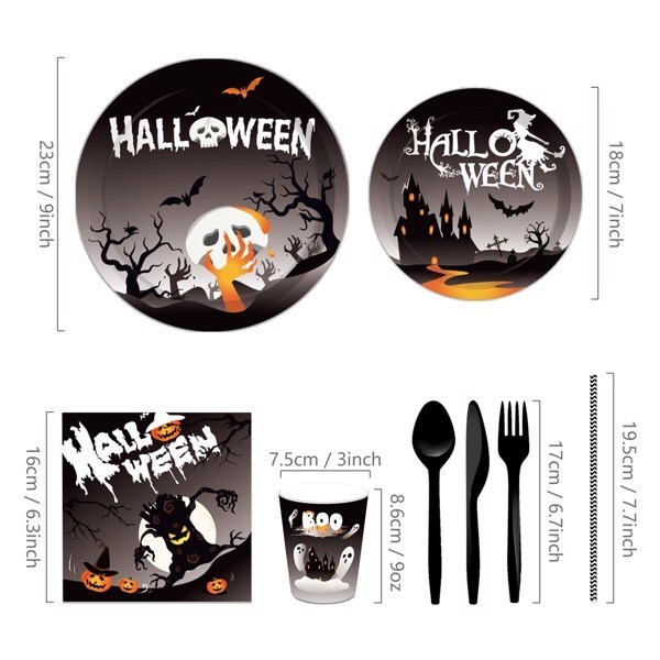 inQ Boutique Halloween Black Disposable Tableware Paper Plates - 68PCS Dinnerware Party Cutlery Kit
