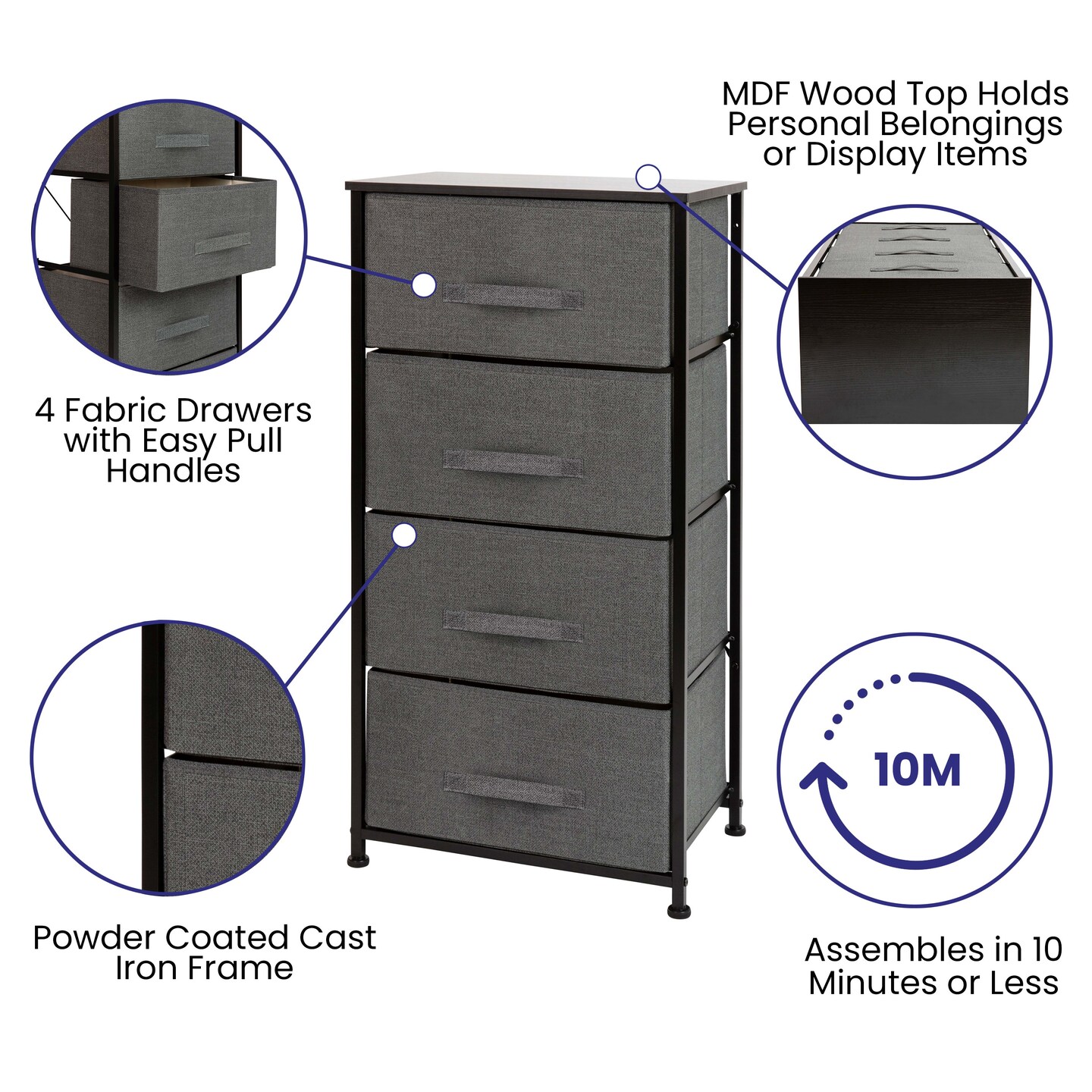 Emma and Oliver 4 Drawer Vertical Storage Dresser with Wood Top & Fabric Pull Drawers