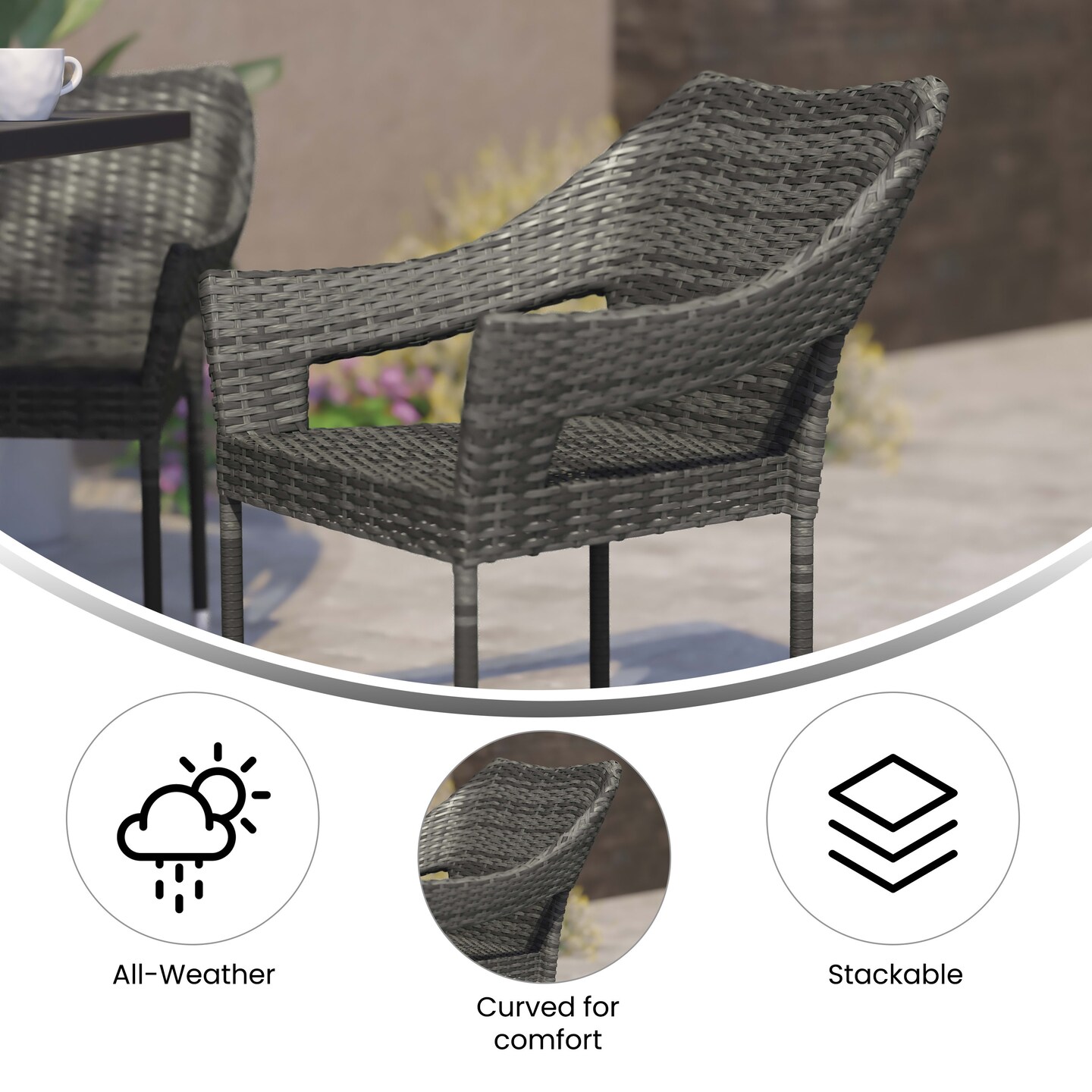 Emma and Oliver Embry All-Weather Indoor/Outdoor Stacking Patio Dining Chairs with Steel Frame and Weather Resistant PE Rattan