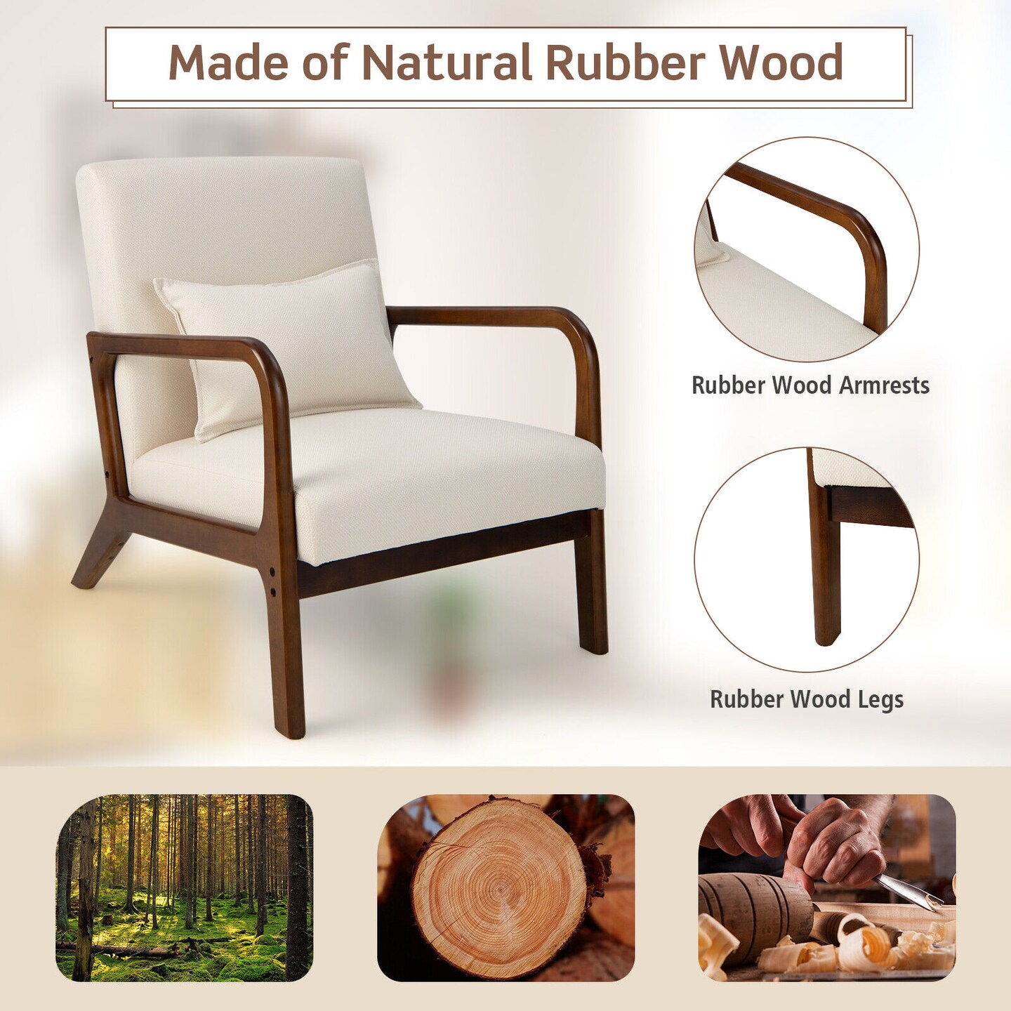 Modern Accent Chair with Rubber Wood Frame and Lumbar Pillow