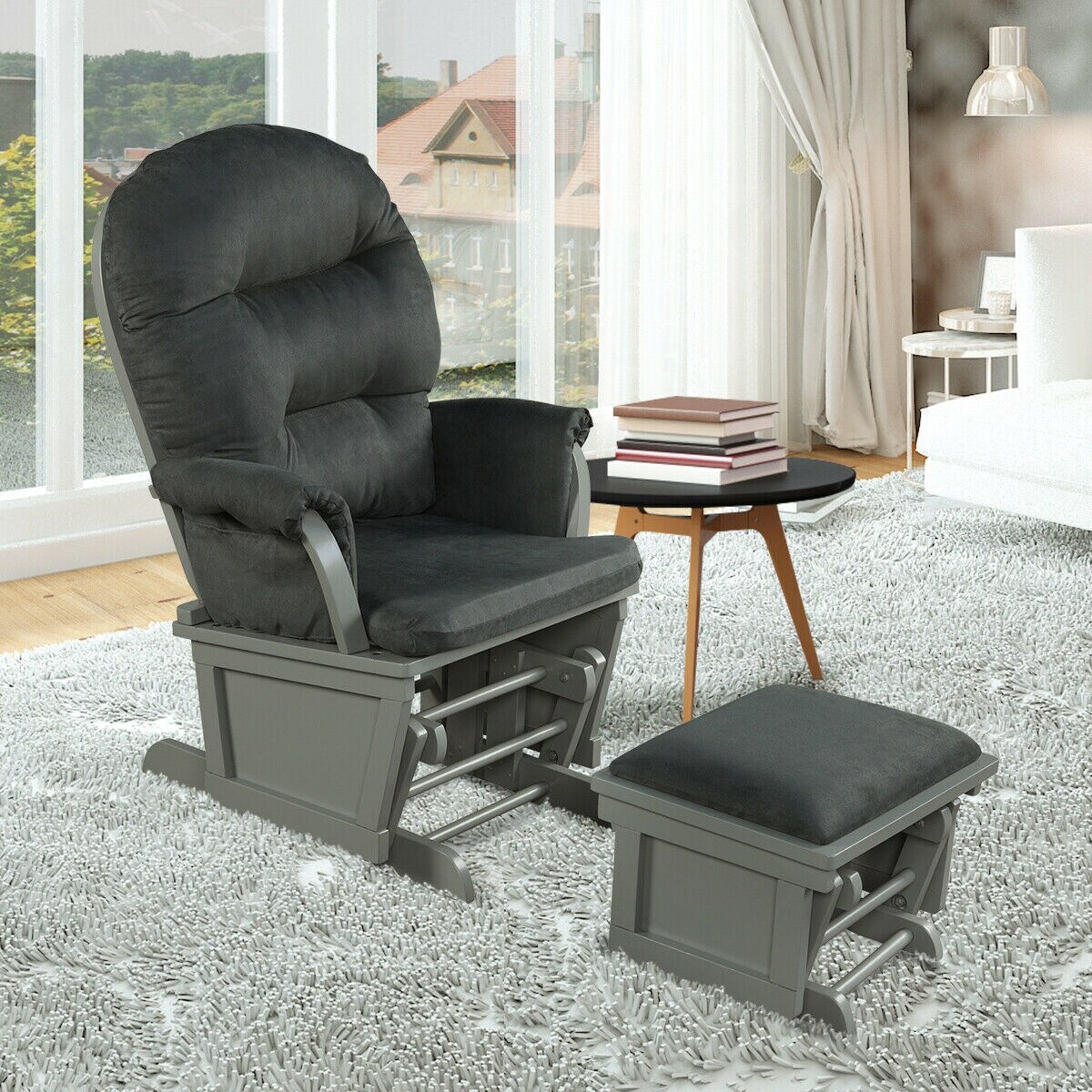Wooden Glider and Ottoman Cushion Set with Padded Armrests for Nursing