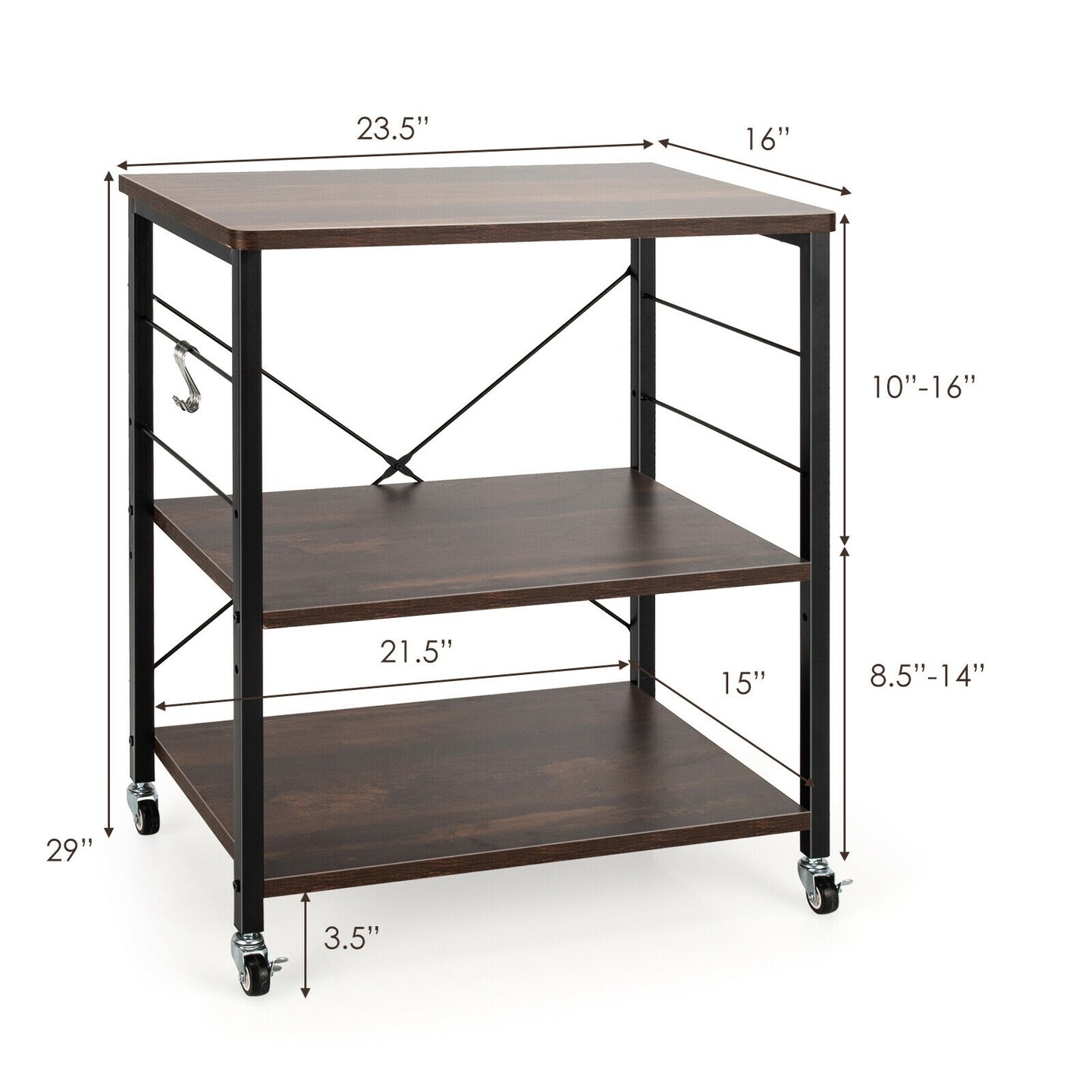 3-Tier Kitchen Baker&#x27;s Rack Microwave Oven Storage Cart with Hooks