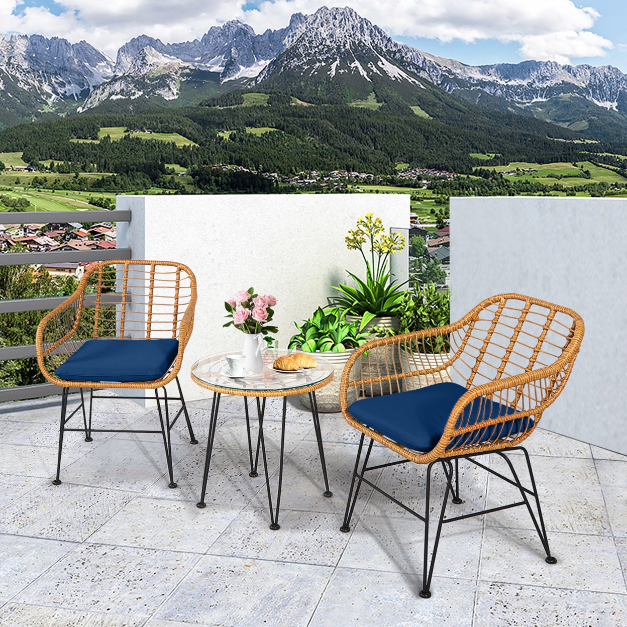 3Pcs Rattan Patio Bistro Set Conversation Furniture Set W/ Cushions