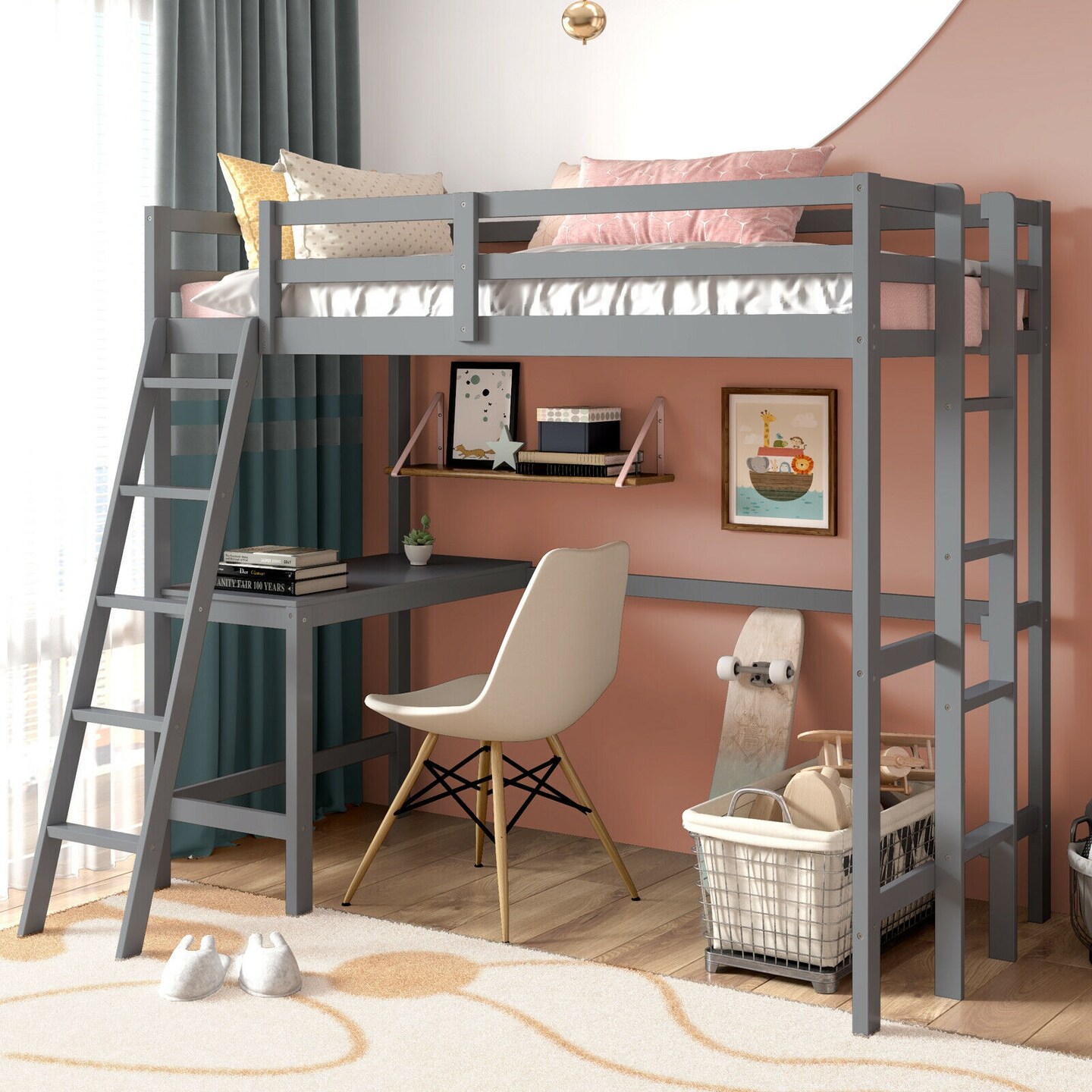 Twin Size Pine Wood Loft Bed with Desk, Guardrail, Dual Ladders