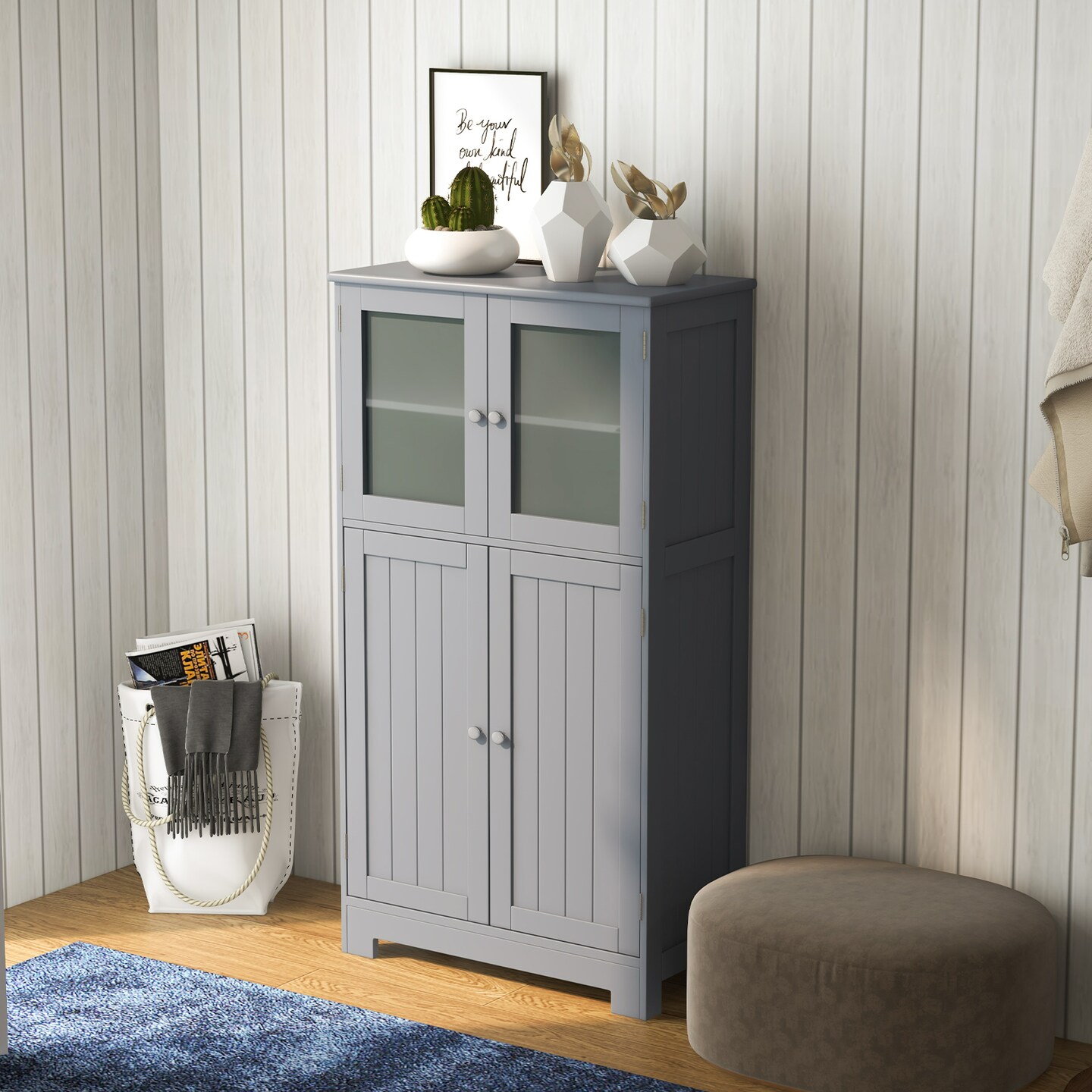 Black MDF Glass Door Floor Cabinet with Adjustable Shelf &#x2013; 43 inches Storage Unit