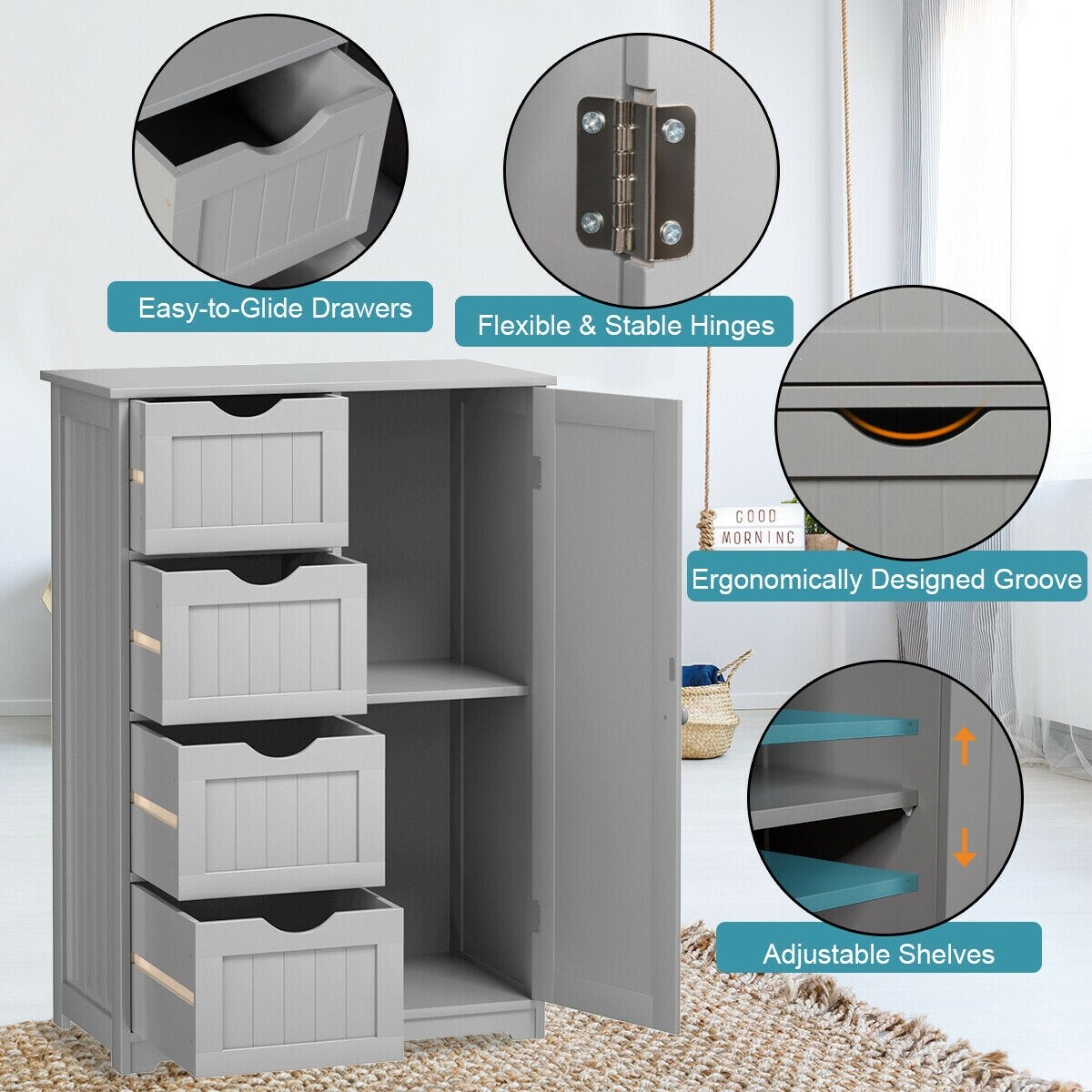Modern MDF Storage Cabinet with 4 Drawers and Adjustable Shelf Ideal for Bathroom or Bedroom