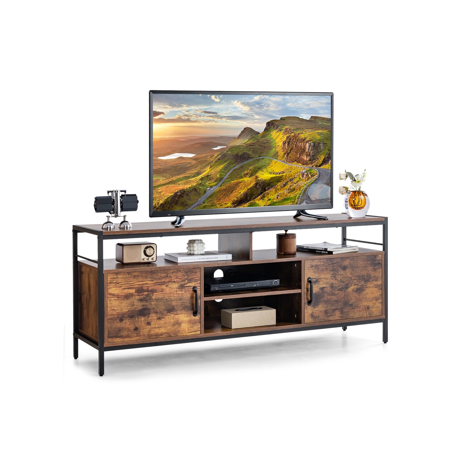 Industrial TV Stand with Cabinets and Adjustable Shelf for TVs -Rustic Brown