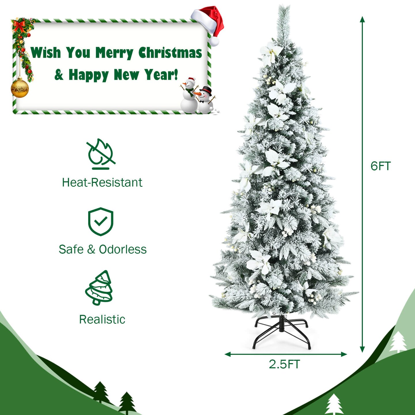 Snow Flocked Christmas Pencil Tree with Berries and Poinsettia Flowers
