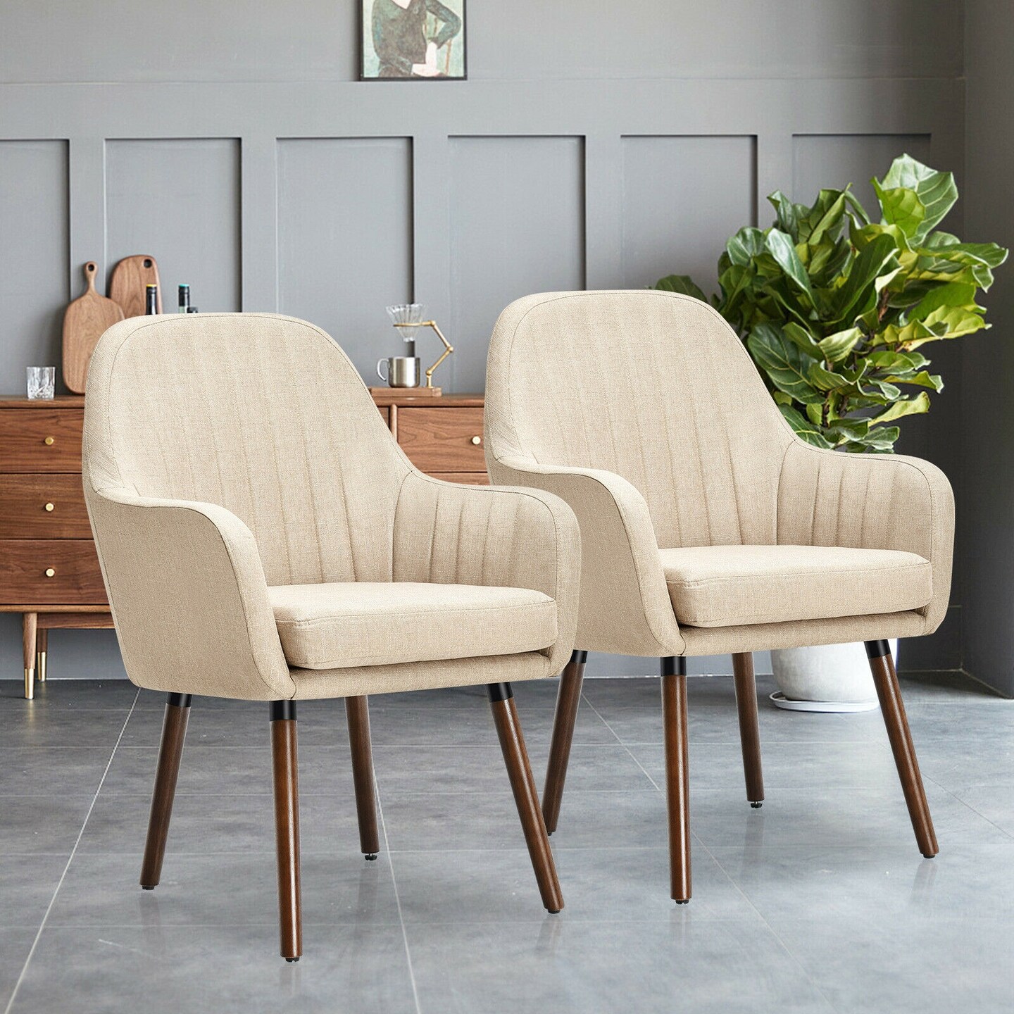 Set of 2 Fabric Upholstered Accent Chairs with Wooden Legs and Adjustable Non-slipping Pads