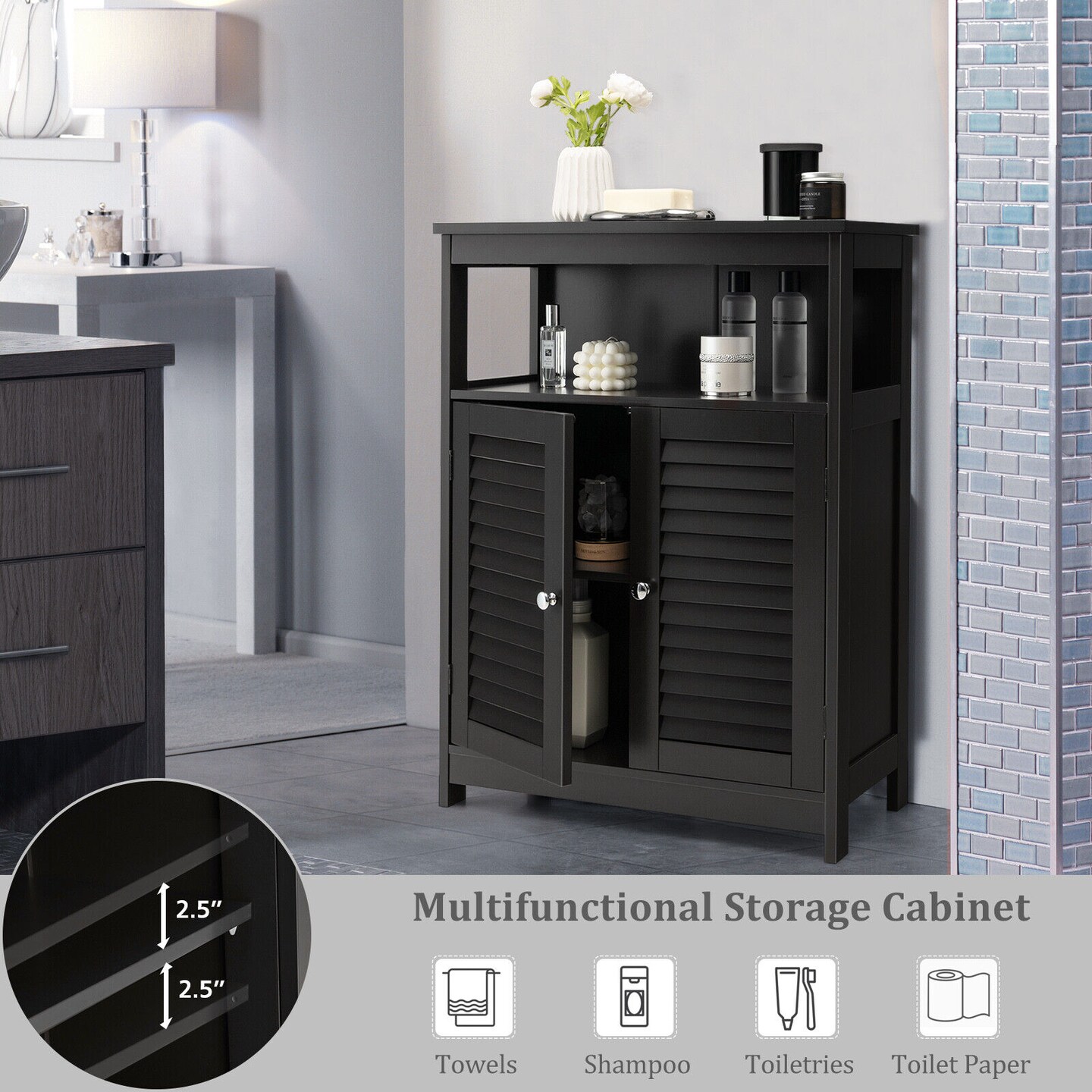 MDF Bathroom Storage Cabinet with Shutter Doors and Adjustable Shelves