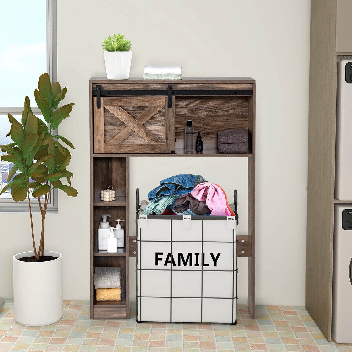 4-Tier Over The Toilet Storage Cabinet with Sliding Barn Door and Storage Shelves