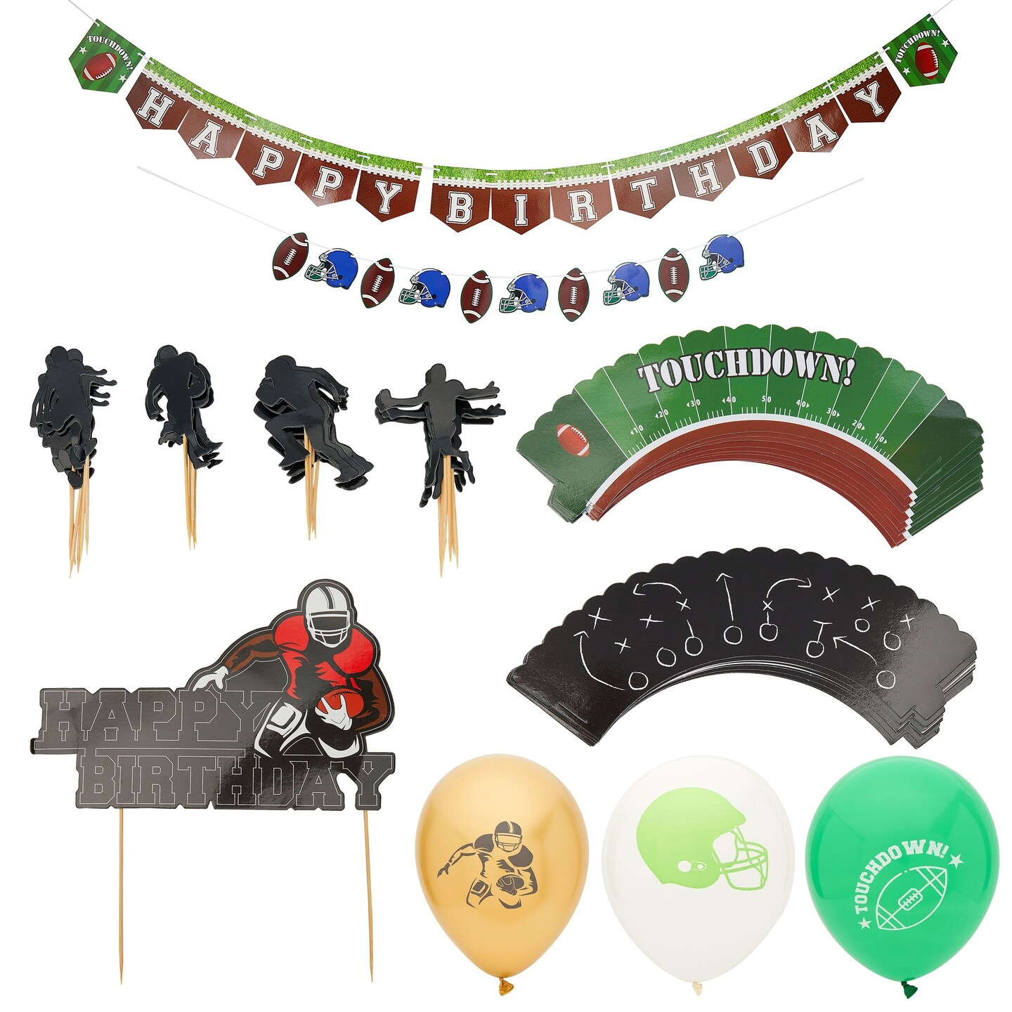 69 Piece Football Party Decorations Kit, Banner, Balloons, Cake and Cupcake Toppers, Cupcake Wrapper