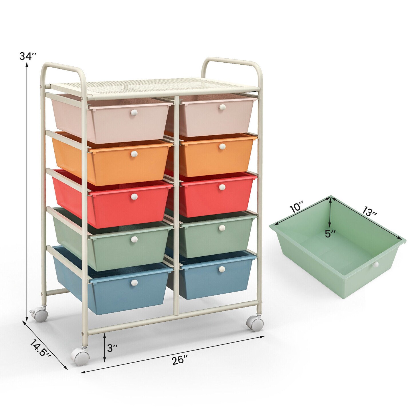 10 Drawer Rolling Storage Cart with Lockable Wheels Metal Frame Organizer for Office Classroom Craft Room Storage