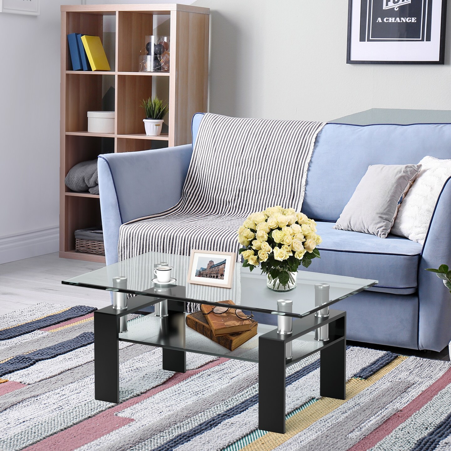 Rectangle Glass Coffee Table With Metal Legs For Living Room