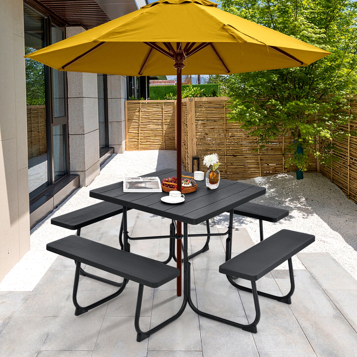 Outdoor Picnic Table With 4 Benches And Umbrella Hole