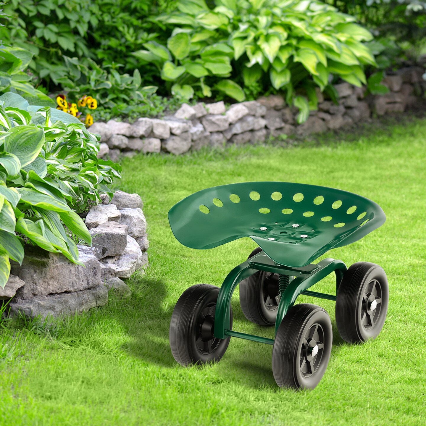 Garden Rolling Workseat with 360&#xB0;Swivel Seat and Adjustable Height-Green
