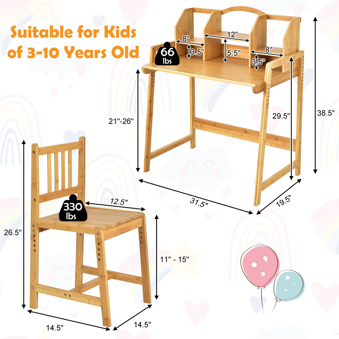 Wicker Kids Study Desk and Chair Set with Bookshelf