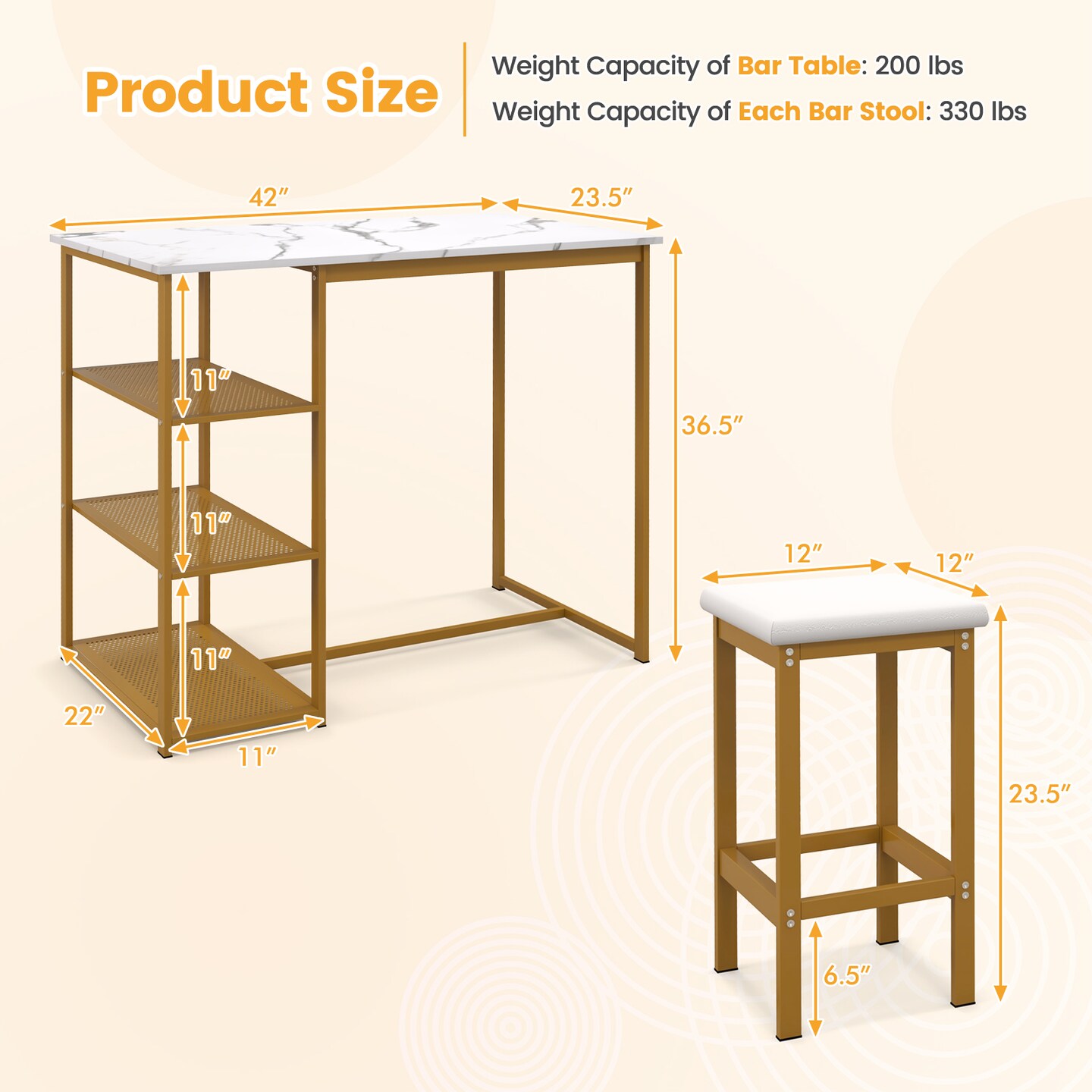 3 Pieces Gold Bar Table Set For 2 With 3-tier Storage Shelves-golden