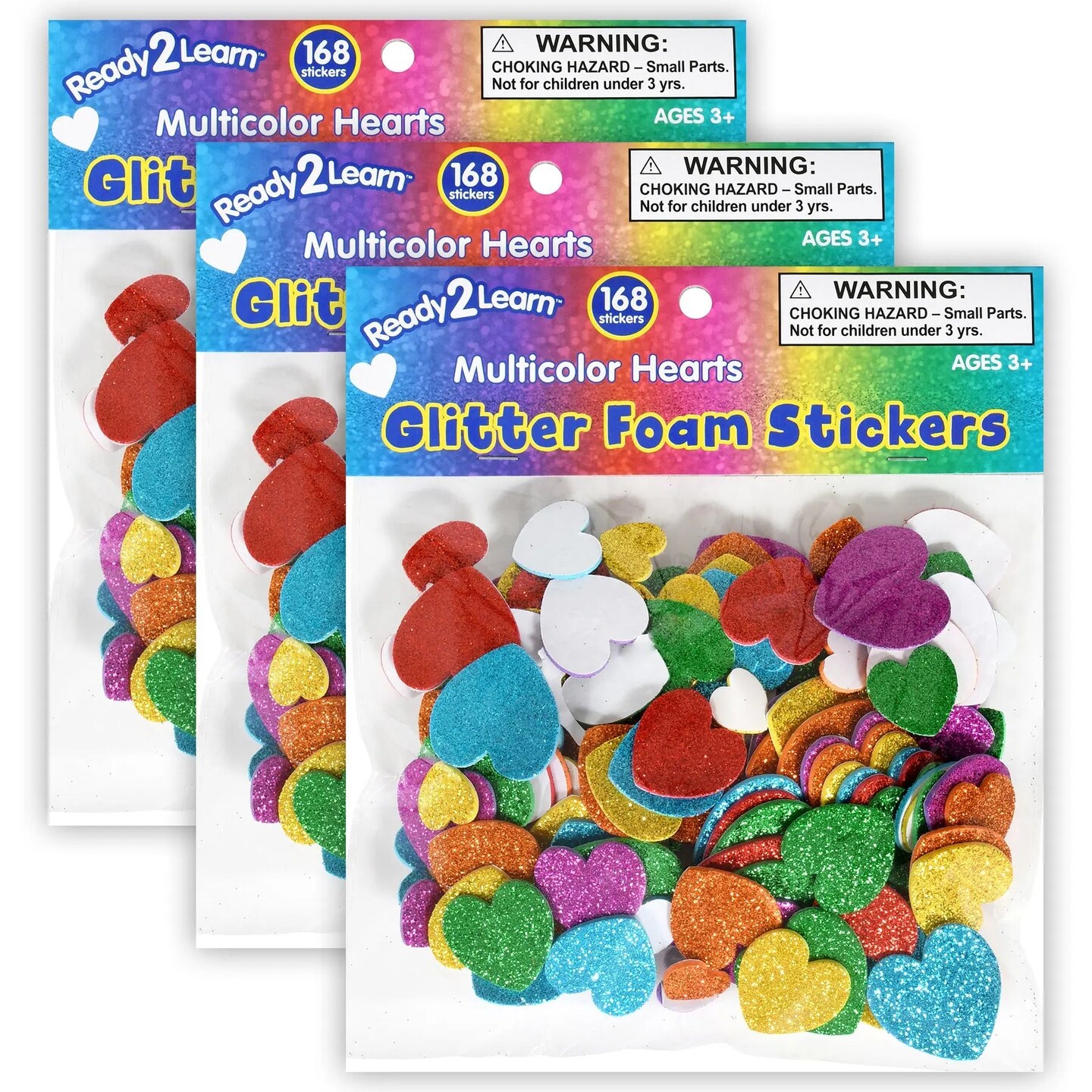 Glitter Foam Stickers - Hearts - Multicolor - 168 Per Pack - 3 Packs