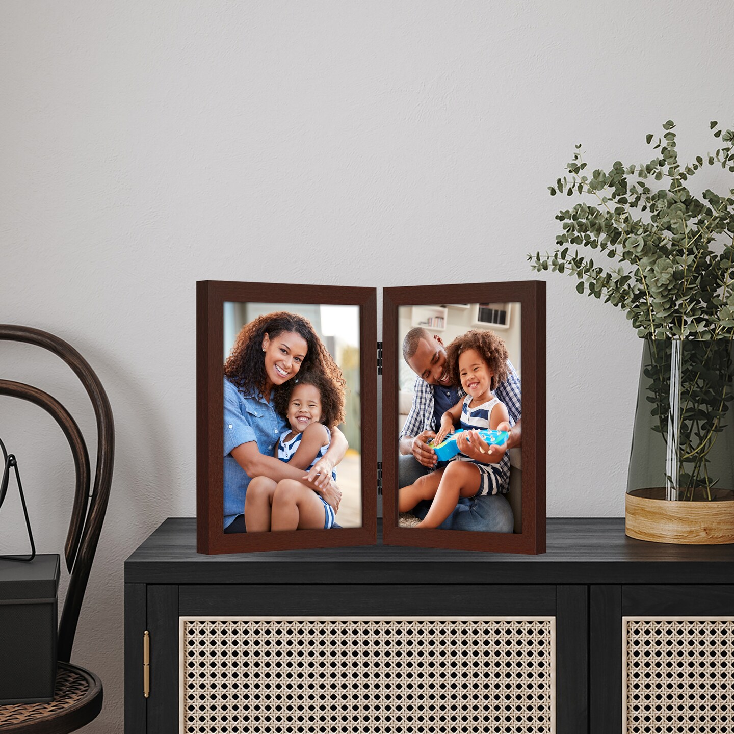 Americanflat Tri-Folding Picture Frame - Displays Two Photos at Once - Double Hinged Picture Frame - Shatter Resistant Glass - Tabletop Display Picture Frame - Black