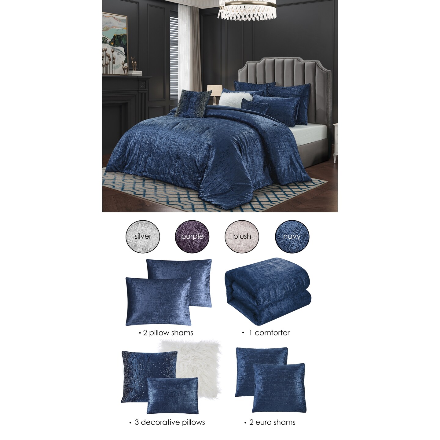 Devante 8pc Comforter Set With 2 Pillow Shams, 2 Euro Shams, 3 Decorative Pillows, 1 Comforter