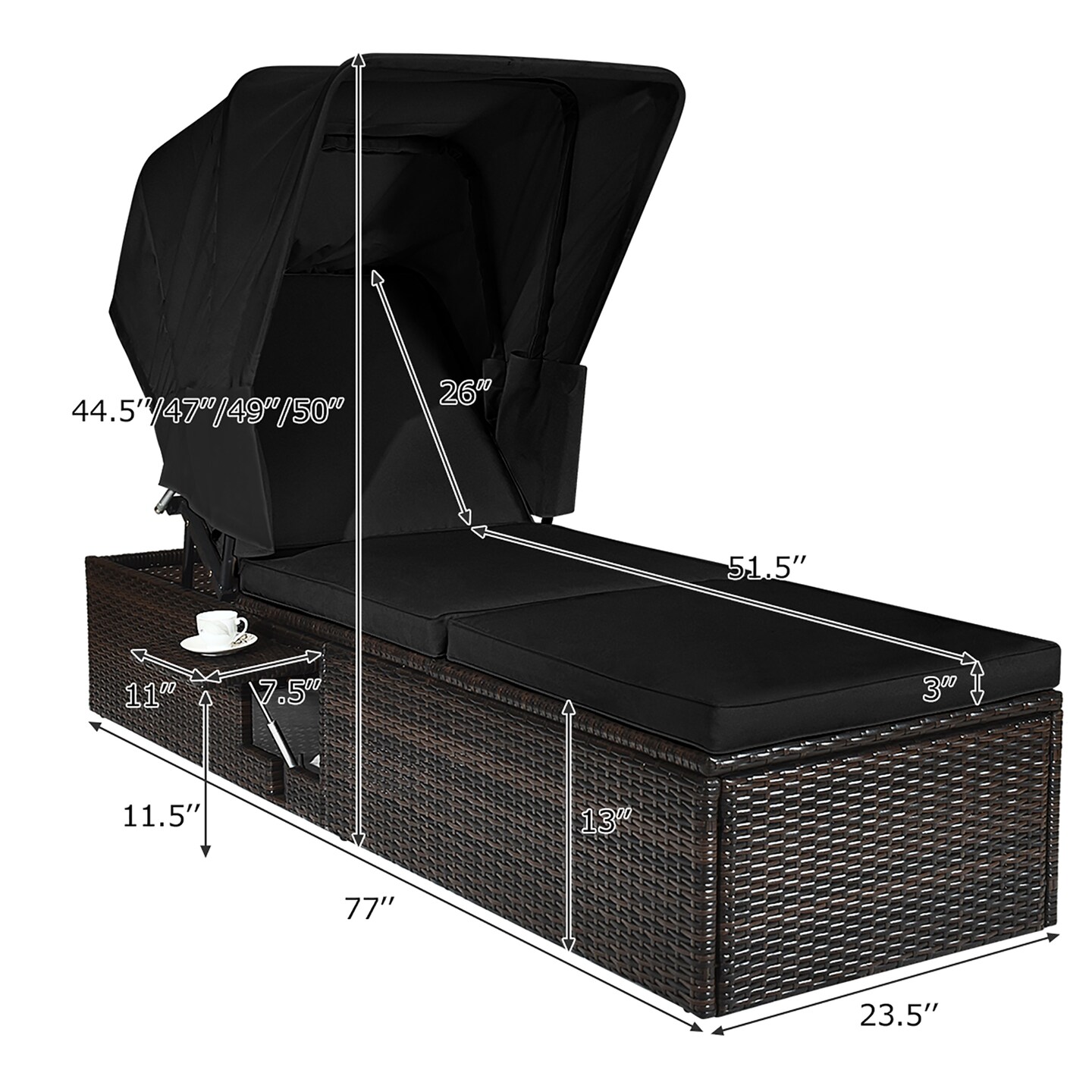 Costway Patio Rattan Lounge Chair Chaise Cushioned Top Canopy Adjustable Tea Table Black/White/Turquoise