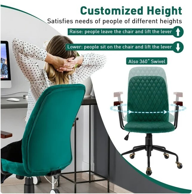 Swivel Adjustable Task Chair with Wooden Armrest Green Velvet Home Office Chair
