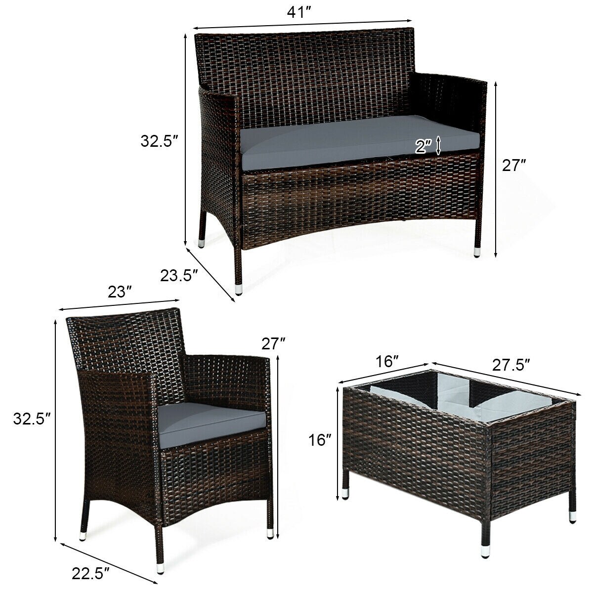 4 Pieces Comfortable Outdoor Rattan Sofa Set With Glass Coffee Table