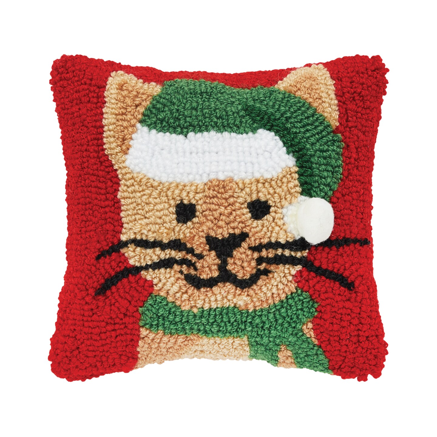 Brown Kitty Cat in Green Santa Hat Hooked Mini Christmas Accent Pillow 8&#x22; x 8&#x22;