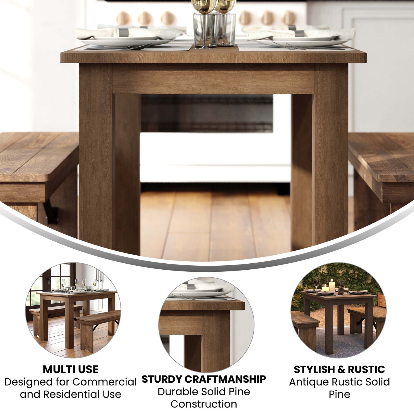 Merrick Lane Rectangular Antique Solid Pine Farm Dining Table