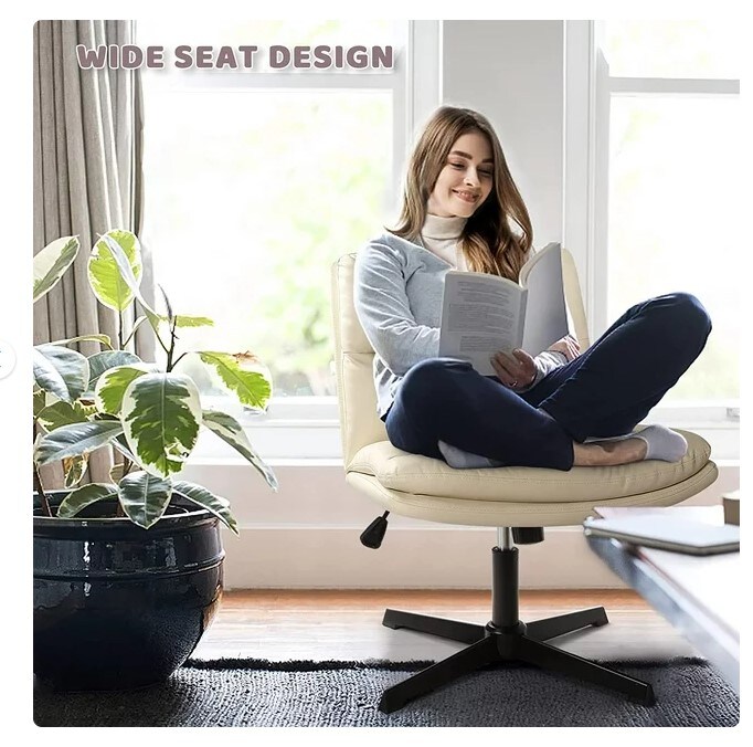 PU Leather Armless Desk Chair with No Wheels for Home Office, 120-Rocking Mid-Back Ergonomic Computer Task Chair for Makeup, Wide Padded Swivel Vanity Chair, and Small Space
