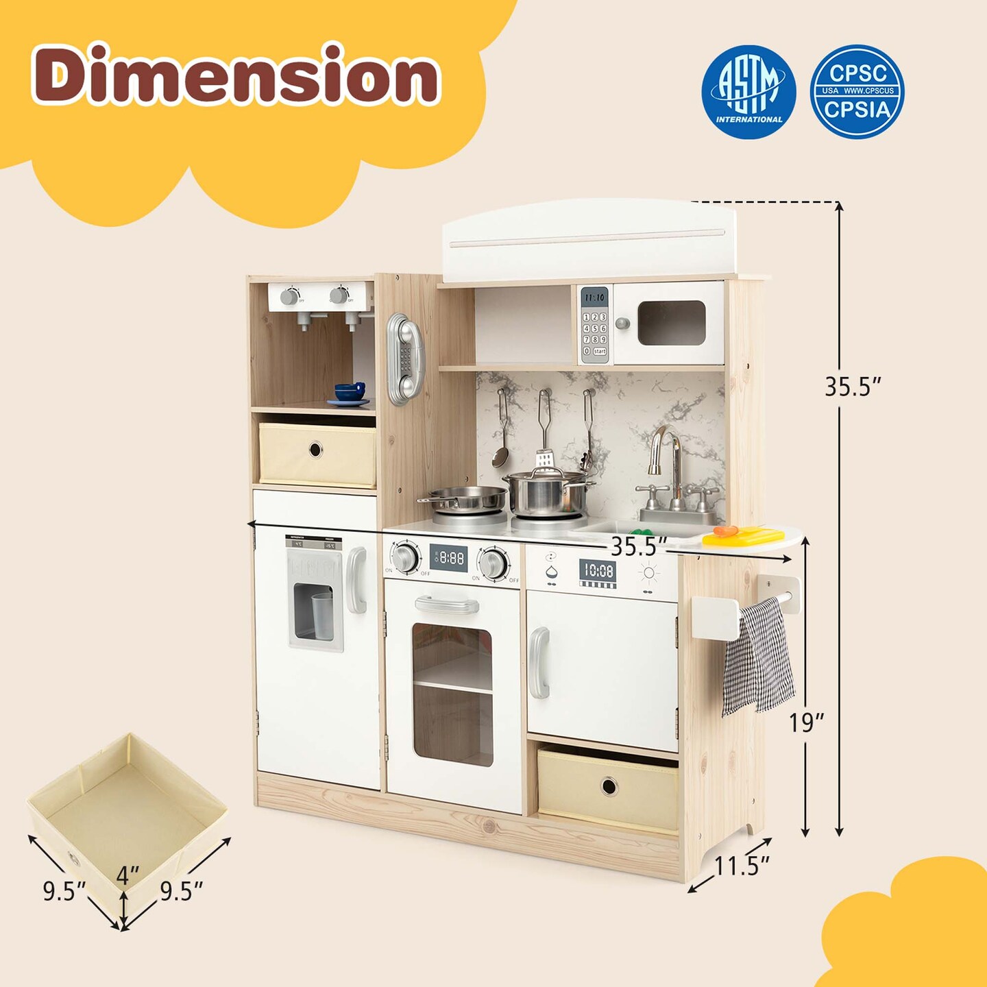 Costway Kids Pretend Play Kitchen Wooden Toy Playset with LED Lighting &#x26; Coffee Maker