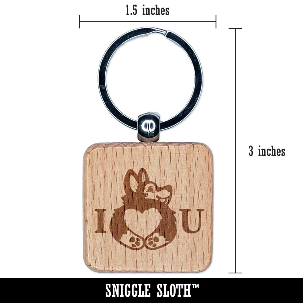 I Love You Heart Shaped Corgi Butt Anniversary Valentine&#x27;s Day Engraved Wood Square Keychain Tag Charm