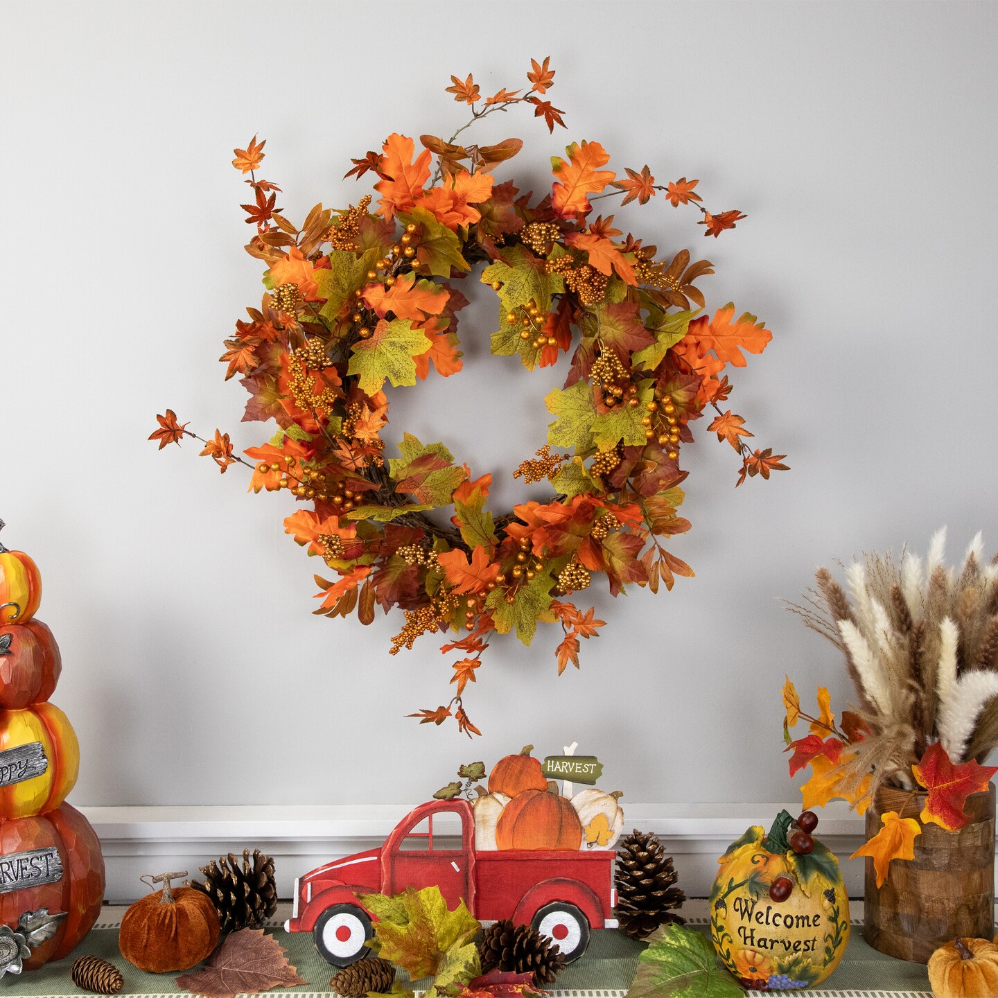 Northlight Mixed Autumn Leaves and Golden Berries Artificial Fall Harvest Twig Wreath - 22"