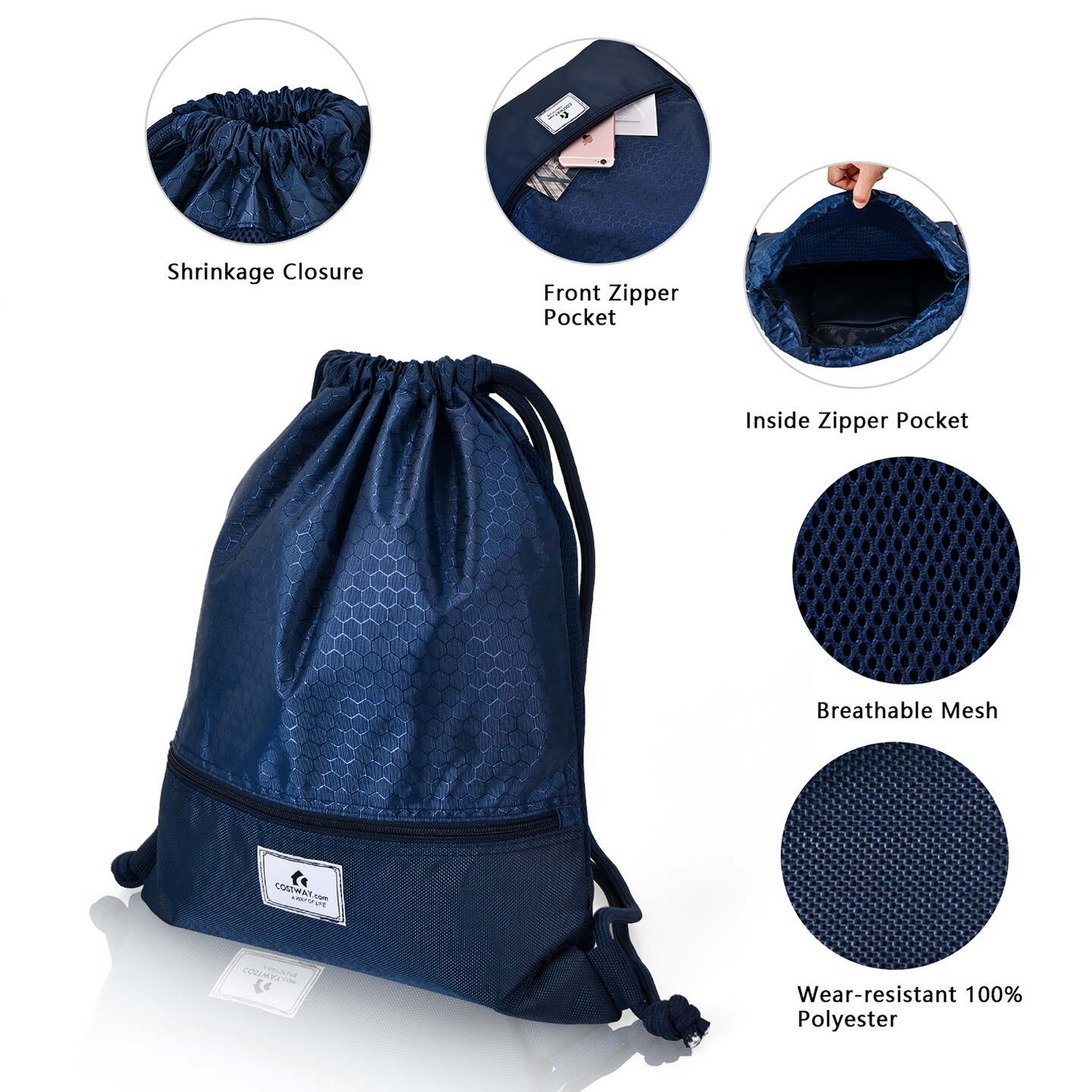 Costway Drawstring Backpack String Bag Folding Sports Sack w/Zipper Pocket Black\Blue\Green\Pink