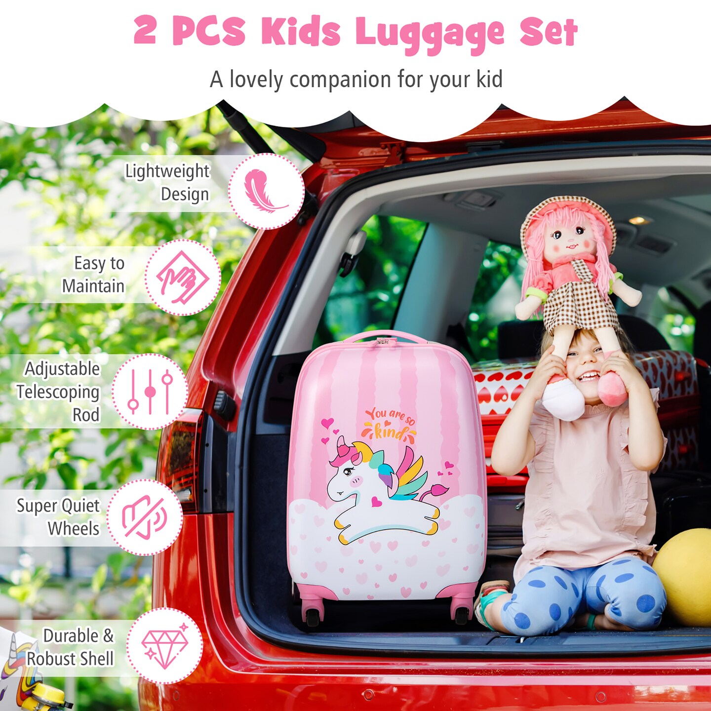 Costway 2PC Kids Carry On Luggage Set 12&#x27;&#x27; Backpack and 16&#x27;&#x27; Rolling Suitcase for Travel