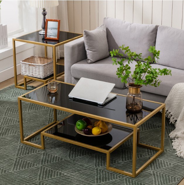 Modern Black Glass Top Coffee Table Rectangle End Side Table Gold Metal Frame