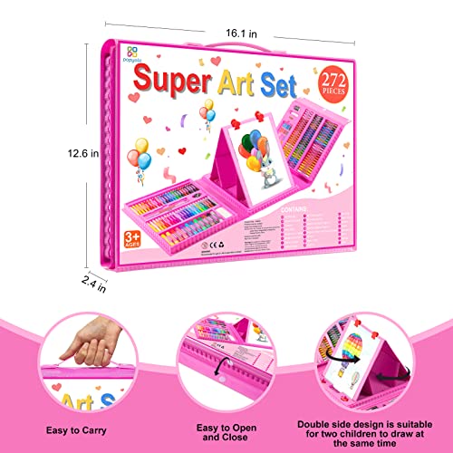 272 Pieces Art Set Drawing Kit for Girls Boys Teens Artist, Deluxe Gift Art Box with Trifold Easel, Origami Paper, Coloring Book, Drawing Pad, Pastels, Crayons, Pencils, Watercolors(Pink)