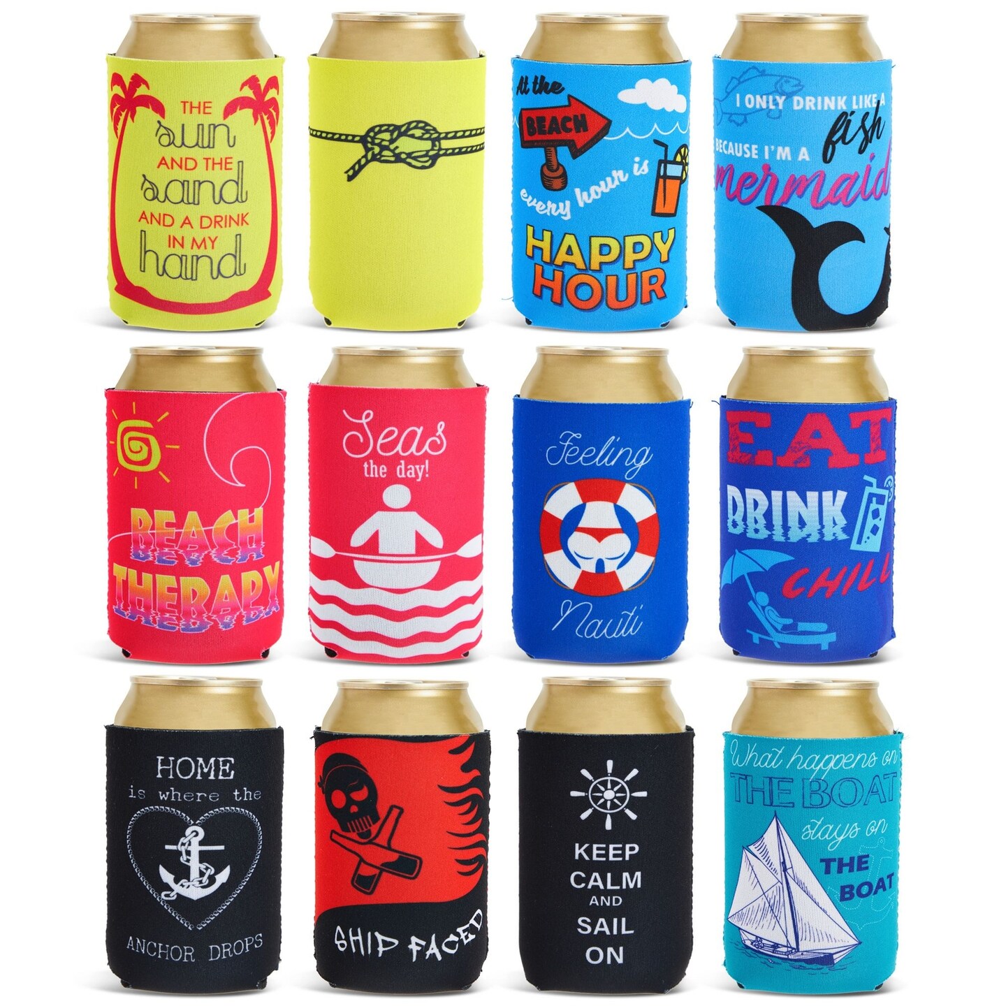 12-Pack Neoprene Can Cooler Sleeves for Soda, Soft Drinks, Beverages, Water Bottles, Beer Covers for Beach, Summer Pool Party Supplies, Cruise Favors (12 ounces)