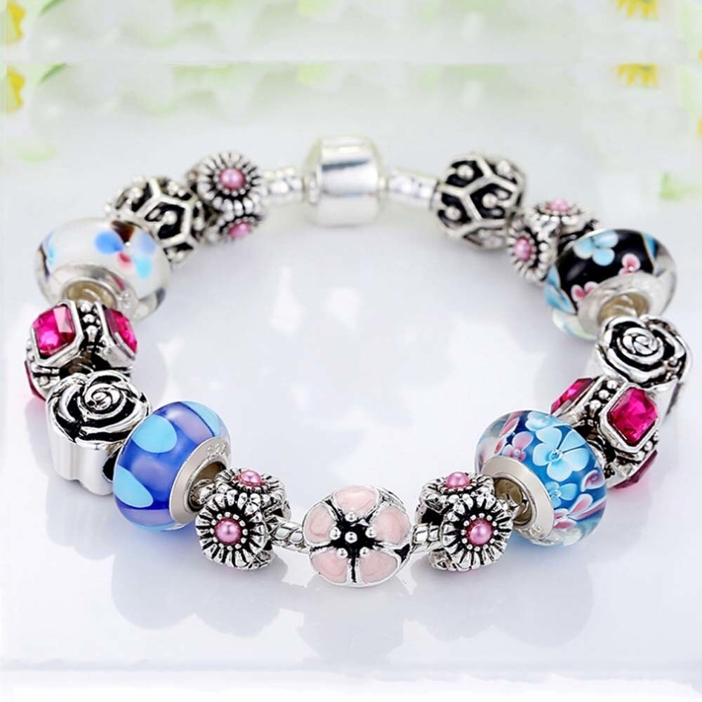 Multi Color Floral Murano Glass And Crystal Charm Bracelet