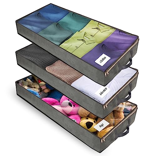 NestNeatly SmartCube Under Bed Storage Bag - Set of 3 Foldable Organization Bins - Fits Under Bed Or In Closets - Store Clothes, Blankets, Toys In Clear Zippered Fabric Organizers - Includes 10 Labels
