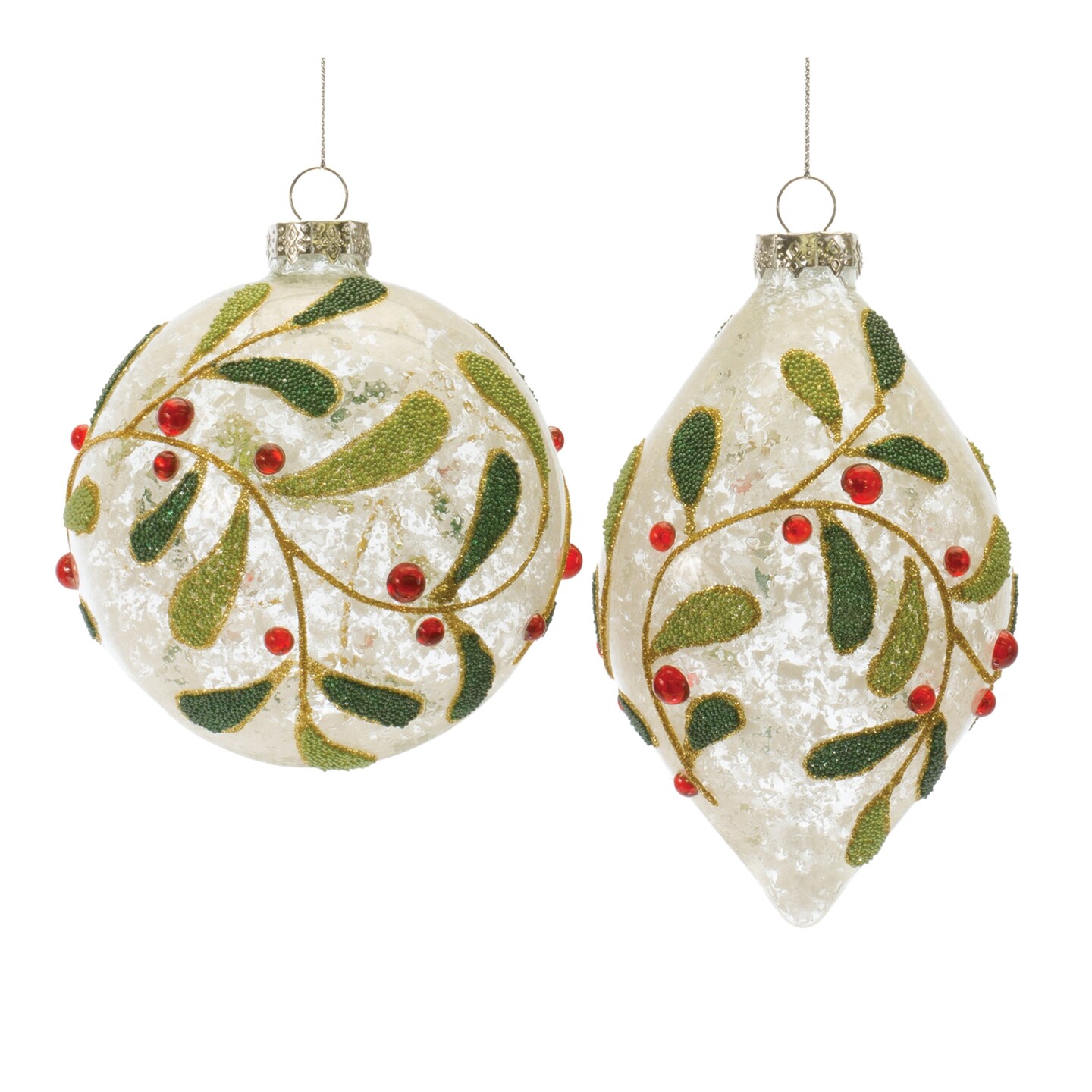 Melrose Set of 6 Beaded Glass Mistletoe Ball and Drop Ornaments 5.75"