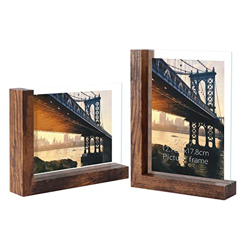 5x7 Picture Frames Set of 2, Double Sided Frame Display Holder with Rustic L Shaped Horizontal Vertical Stand for 5 by 7 Photo, Desktop or Tabletop Decor