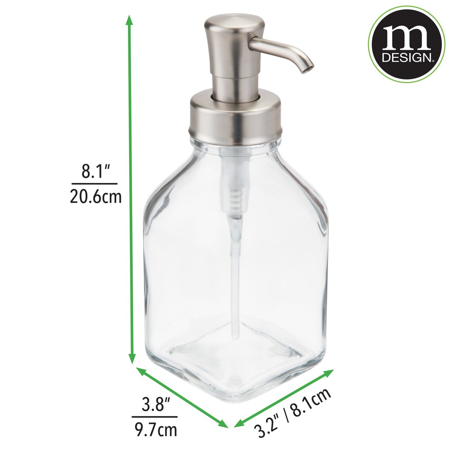 mDesign Square Glass Refillable Liquid Soap Dispenser Pump, 2 Pack