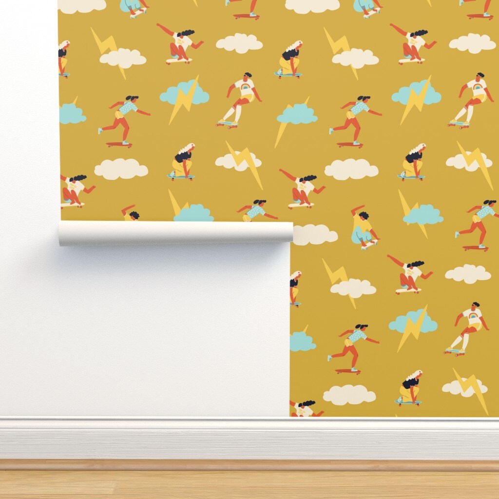 Skater Girls Retro 1970S Skateboard Feminism Women Skateboarding Custom Removable Wallpaper by Spoonflower Peel & Stick Wallpaper 2FT Wide