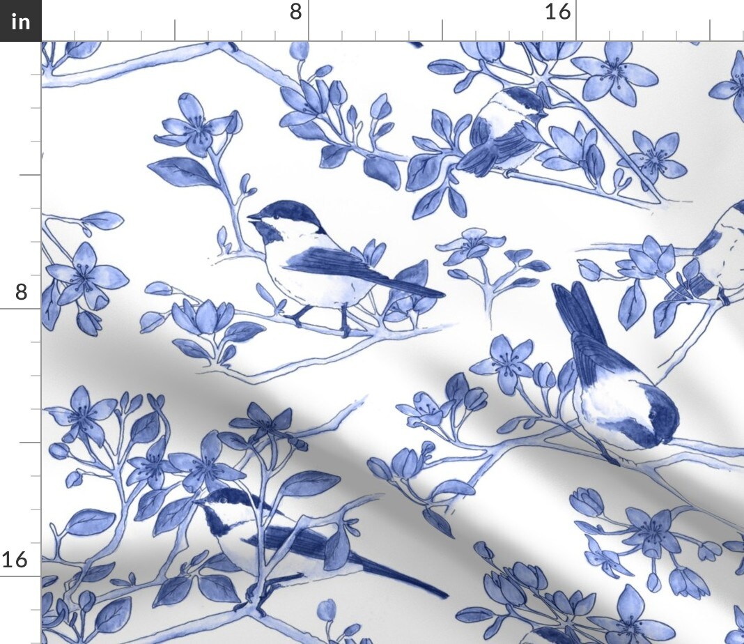 Bird Flowers Botanical Blossom Cobalt Chinoiserie Custom Printed Fabric by Spoonflower Various Fabrics by the Yard or Fat Quarter