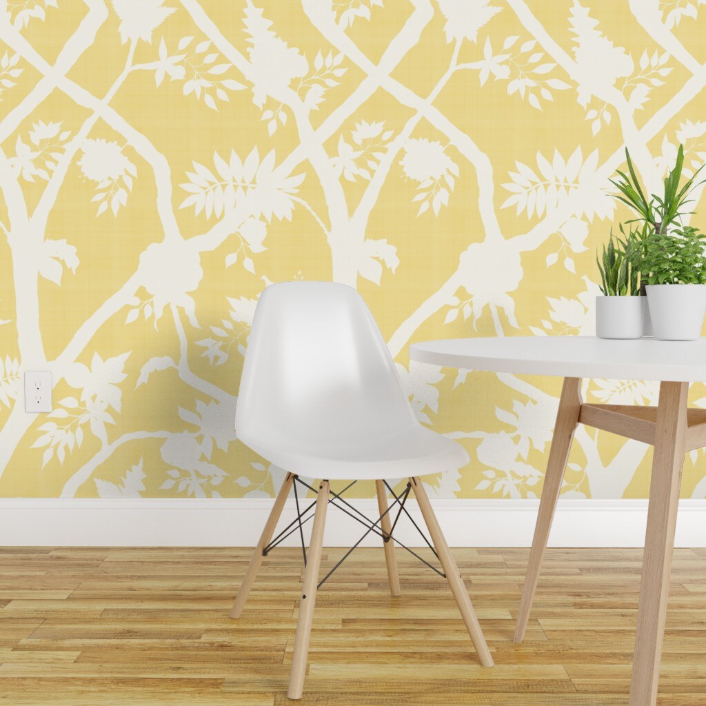 Peel &#x26; Stick Wallpaper 2FT Wide Chinoiserie Butter Yellow Cream Floral Flower Silhouette Timeless Grandmillenial Custom Removable Wallpaper by Spoonflower