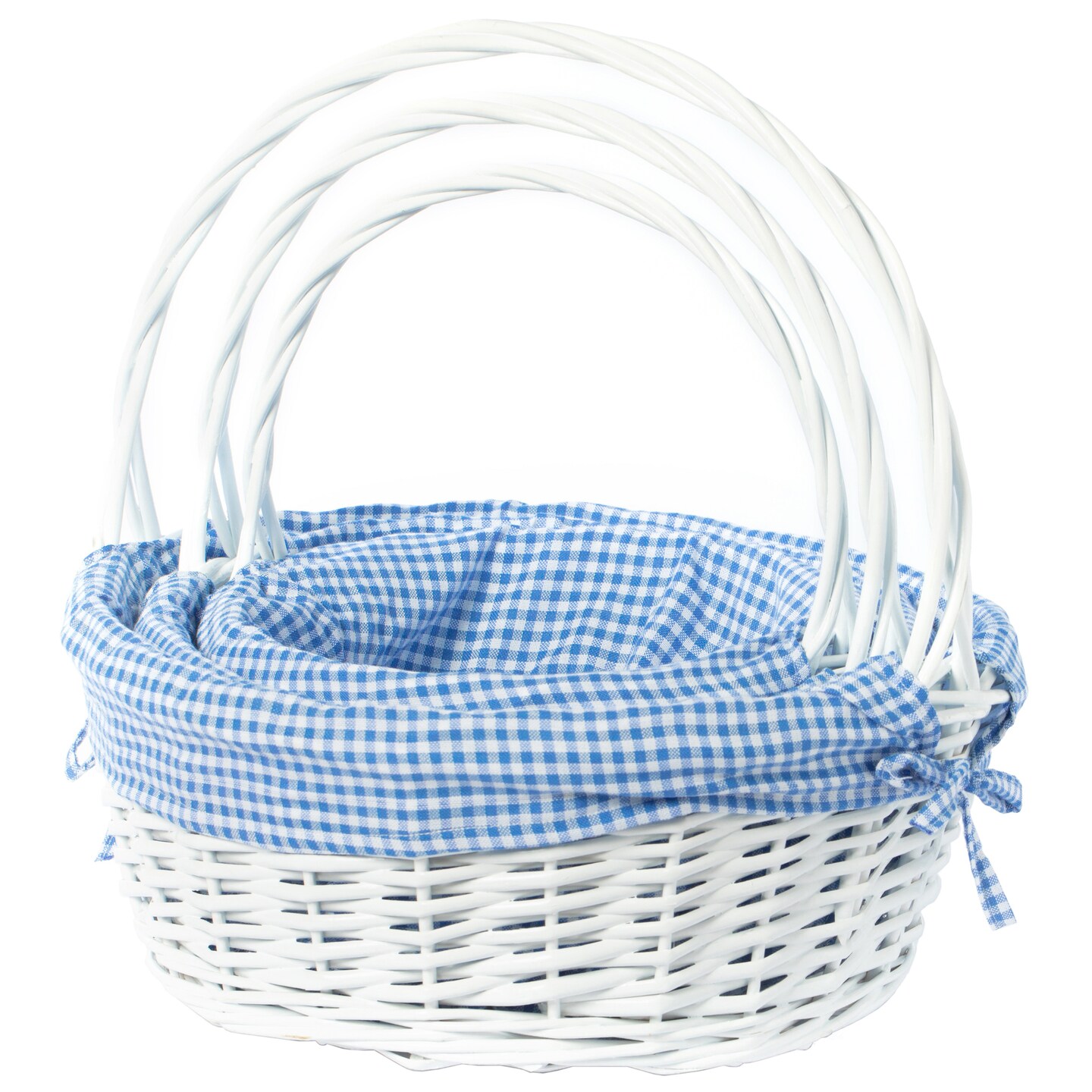 Vintiquewise White Round Willow Gift Basket with Gingham Liner and Handle