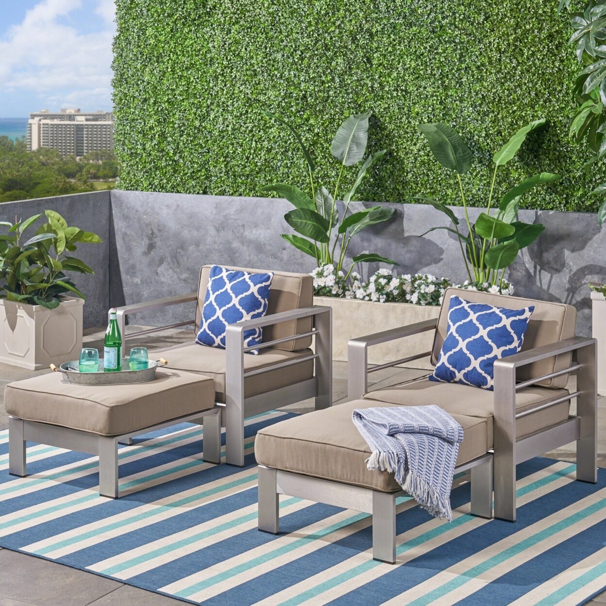 GDFStudio Emily Coral Outdoor Aluminum 2-Seater Club Chair Chat Set with Ottomans Silver and Khaki